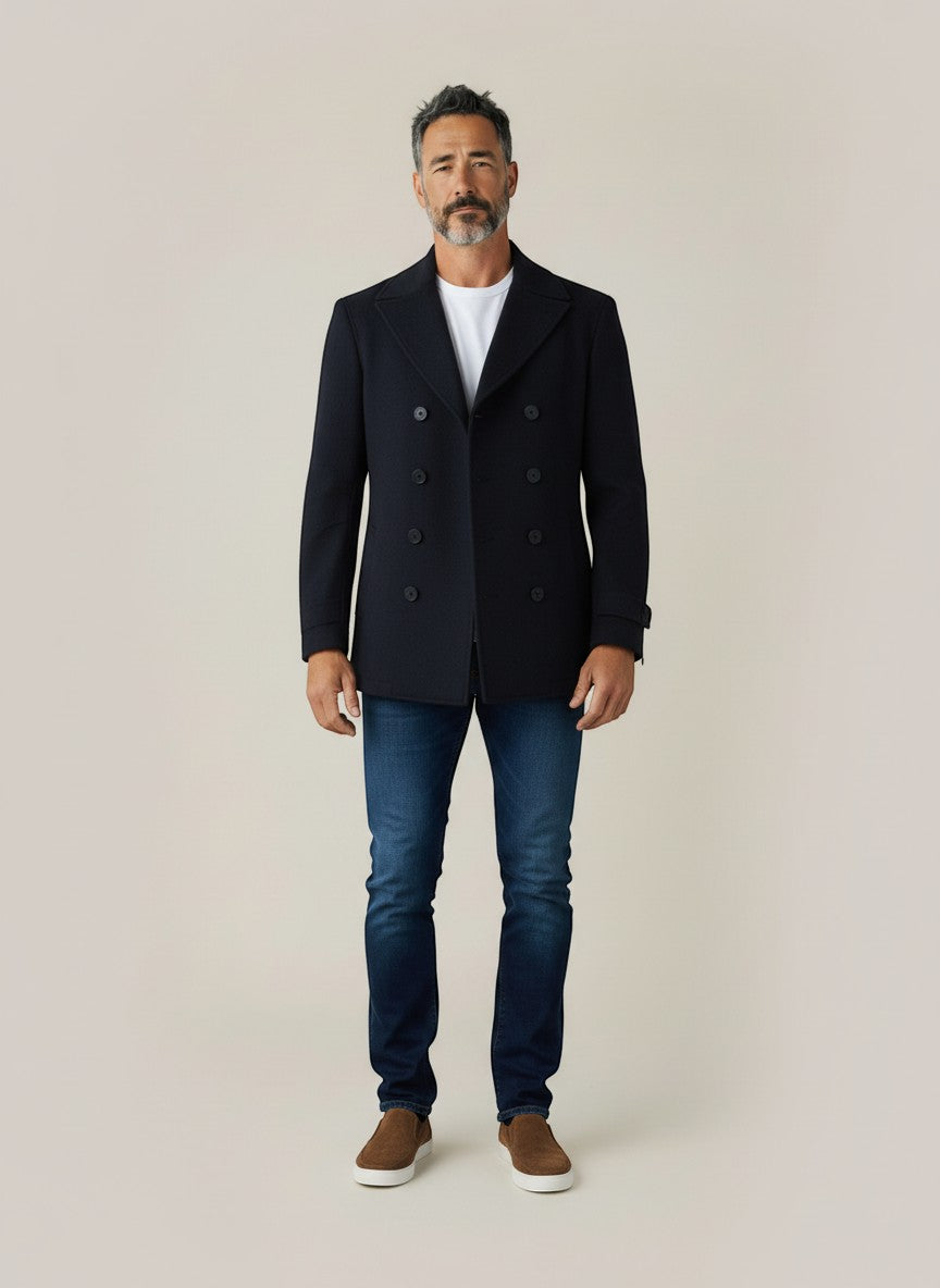 Doubled Breasted Wool Overcoat in Navy