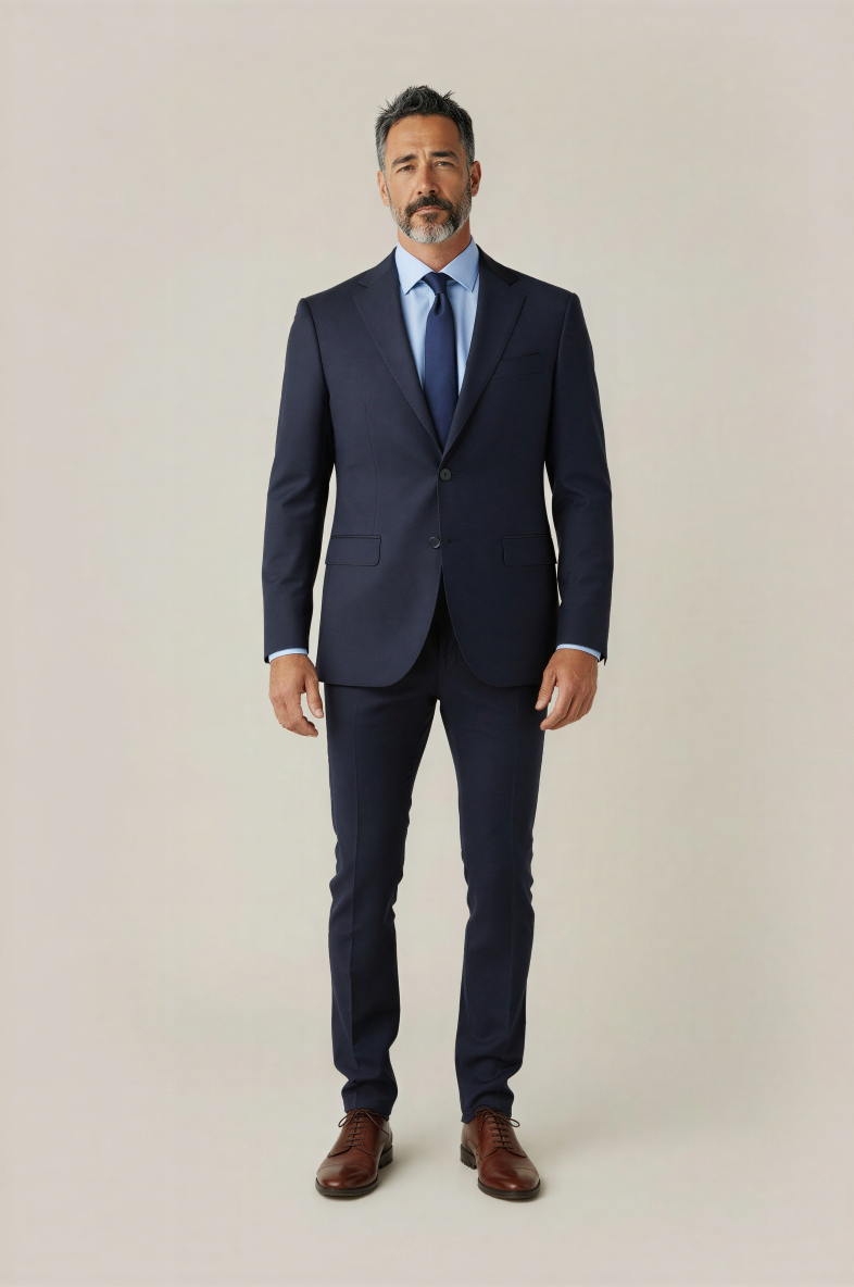 Man wearing a navy suit with a blue shirt and brown shoes on a beige background