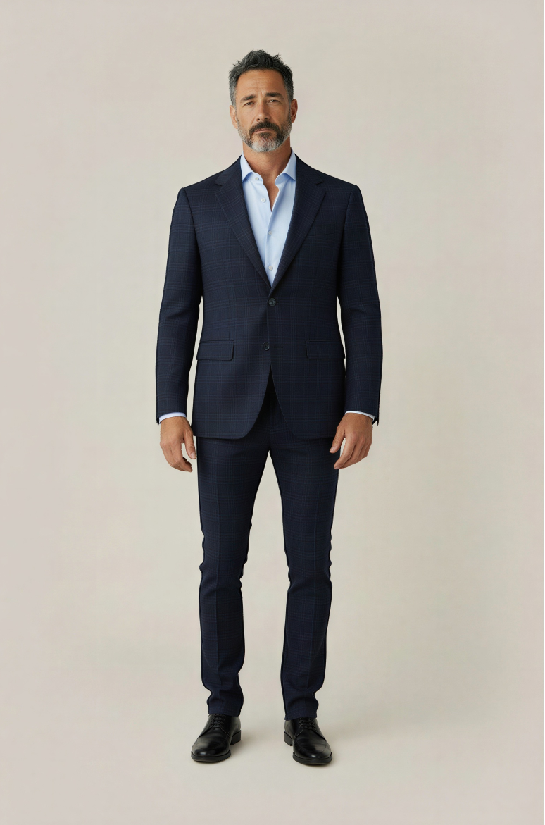 Man wearing a navy suit with a light blue shirt on a beige background